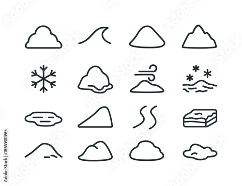 Snow Mound Icons. Snow mounds. Line icon set of Snow mounds: snow pile, snow drift, snow hill, icy mound, snowflake, melting snow, wind-blown snow, frost