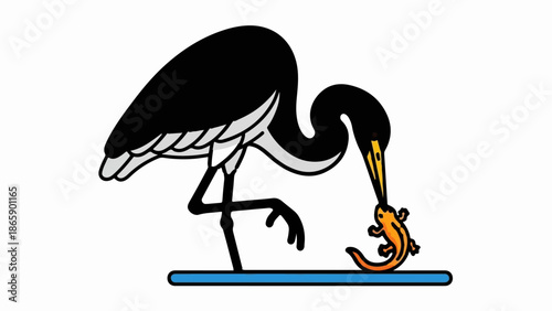 A black stork with a long yellow beak catches a bright orange salamander by its tail