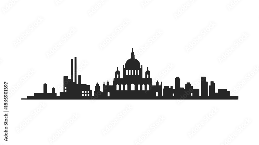 Fototapeta premium Black silhouette of a city skyline with a large domed building
