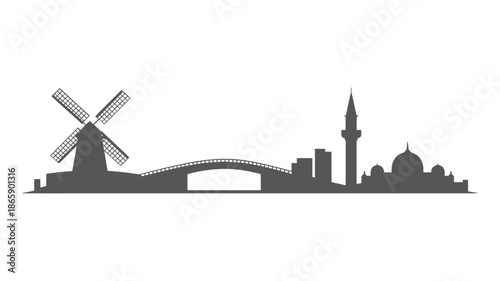City skyline with windmill bridge and tower silhouette landscape