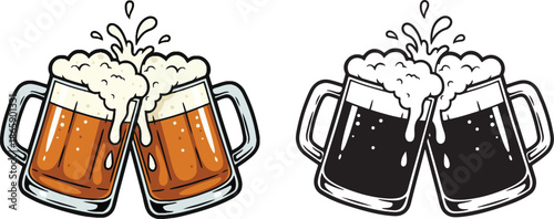 Two beer mugs clinking together with foamy head, color and black outline versions