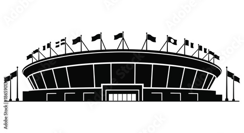 A striking black stadium illustration with numerous waving flags displayed prominently a bold silhouette high quality
