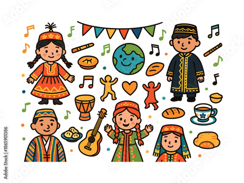 Eurasian Cultural Celebration. Eurasian cultures. Colorful Hand-drawn doodle Children illustration Eurasian cultures children in different traditional clothes,