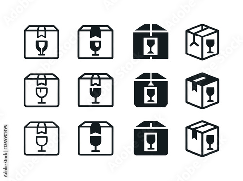 Sealed Parcel Logos. Sealed parcel. Icon set. Set Logo of sealed parcel: fragile stamp on parcel. harmonious logo variations of the same emblematic concept,