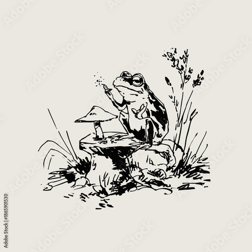 Charming Vintage Frog Illustration Sitting on a Mushroom