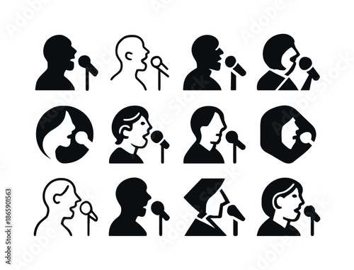 Vocalist Logo Variations. Vocalist singing. Icon set. Set Logo of vocalist singing: vocal mic close-up. harmonious logo variations of the same emblematic