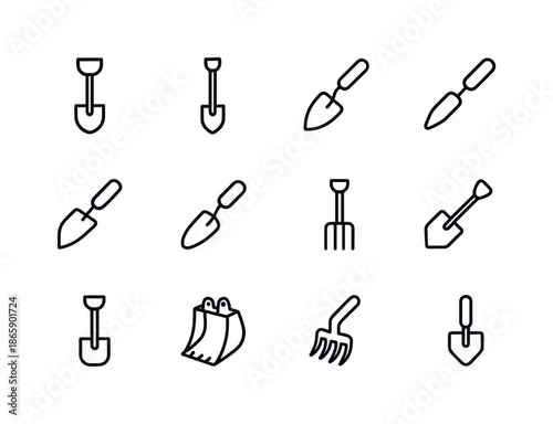 Digging Tools Icons. Digging Tools. Line icon set of Digging Tools: shovel, spade, trowel, scooper, mini hoe, soil scoop, digging fork, pointed shovel, square
