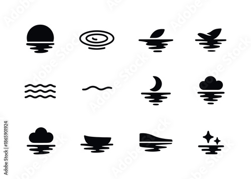 Reflective Waters Icons. Reflective waters. Solid icon set of Reflective waters: mirror lake, water ripple, horizon reflection, floating petal, still surface,