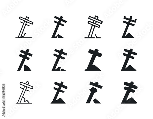 Infrastructure Icon Set. Damaged infrastructure. Icon set. Set Logo of damaged infrastructure: leaning utility pole. harmonious logo variations of the same