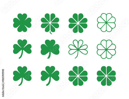 Four-Leaf Clover Logos. Four-leaf clover. Icon set. Set Logo of Four-leaf clover: modern lucky leaf. harmonious logo variations of the same emblematic concept,