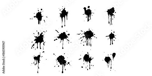 Black ink splat grunge vector illustration featuring a dirty paint splash pattern with liquid drip stains and brush spray texture elements on a silhouette art background