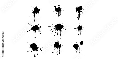 A dirty black ink splat grunge background featuring a vector paint splash splatter with liquid drip stains and spray brush textures for an artistic silhouette design element