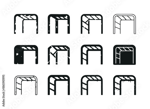 Dilapidated Playground Icons. Dilapidated playground. Icon set. Set Logo of Dilapidated playground: rusted monkey bars. harmonious logo variations of the same