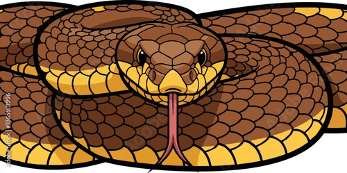 A coiled brown snake with yellow bands and a pink forked tongue extended
