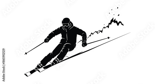A dynamic depiction of a skier in motion captured as a striking black and white silhouette