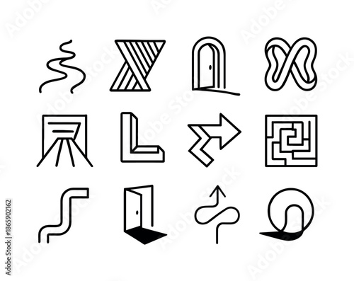 Illusion Icon Set. Illusion adventure. Line icon set of Illusion adventure: winding path, perception shift, hidden door icon, twisting shape, strange