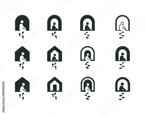 Solitude Icon Set. Embracing Solitude and Personal Time. Icon set. Set Logo of Embracing Solitude and Personal Time: footsteps leading to a quiet space.