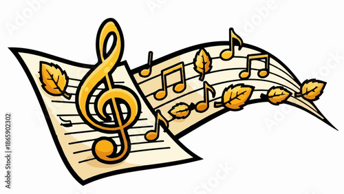 A musical score with golden treble clef and notes adorned with autumn leaves