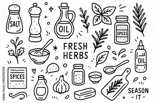 Hand-drawn doodle vector set of cooking ingredients including salt, oil, herbs, and spices, created in a fun doodle style, isolated on white background
