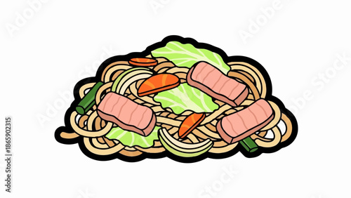 A colorful illustration of a noodle dish with meat, vegetables, and a crescent moon shape