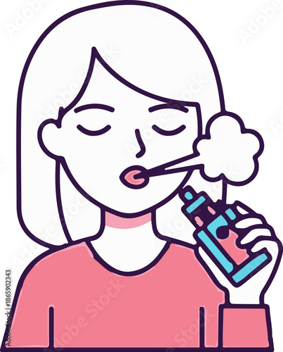 A person exhales vapor from a vape device, with eyes closed and a calm expression