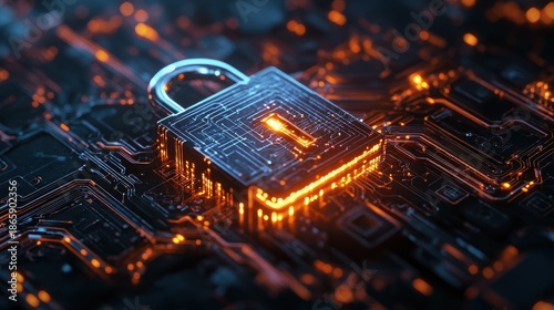 Close up of digital padlock with glowing electric circuits on a dark background representing cybersecurity and data protection