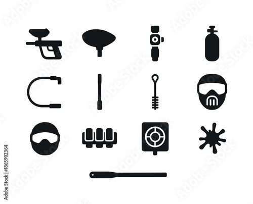 Paintball Equipment Icons. Paintball equipment. Solid icon set of Paintball equipment: marker, loader, regulator, CO2 tank, air hose, barrel, squeegee, mask,