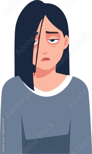 A person with tired, drooping eyes and dark hair, wearing a grey shirt