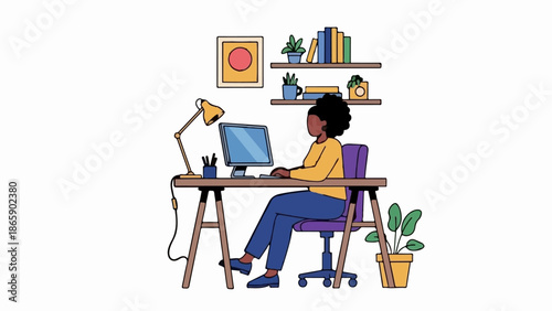 A person works at a desk with a computer, lamp, and books