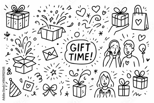 Hand-drawn doodle vector set of gifting and surprise moments, created in a fun, sketchy doodle style, isolated on white background
