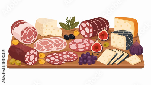 A rustic wooden board overflowing with a delightful assortment of cured meats and cheeses, accompanied by fresh fruits and olives