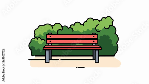 A simple illustration of a red park bench set before lush green foliage