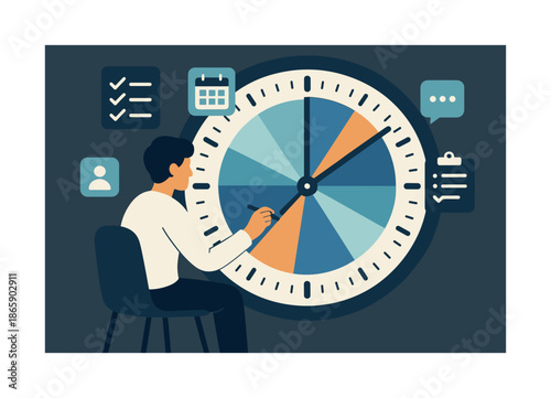 Time-Blocked Planning. Time-blocked planning. Large clock face behind a person filling in color-coded tasks; bold radial segments dividing time. Floating task