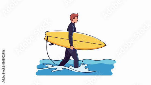 Surfer in a dark wetsuit carries a yellow surfboard through blue waves