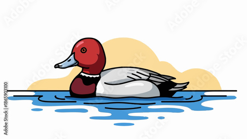 A stylized cartoon duck with a red head and gray body swims calmly on blue water