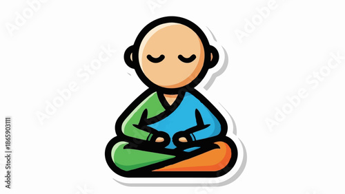 A stylized cartoon figure meditates peacefully in a cross-legged pose, eyes closed
