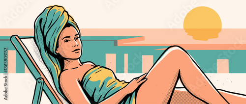 Beautiful woman with a towel on her head relaxes on a sun lounger, sunbathing by the sea in a retro pop art illustration style with halftone dot shading