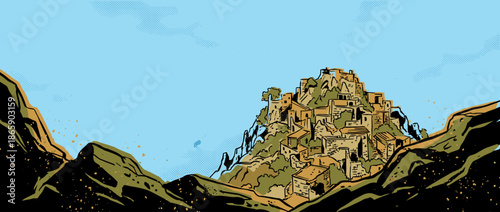 Ancient hilltop village illustration with stone houses and rugged mountains in a graphic novel comic book style with bold outlines and a limited color palette