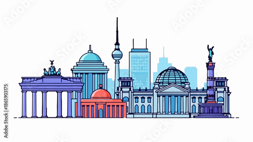 A stylized city skyline featuring iconic monuments and modern buildings in a bright, graphic style