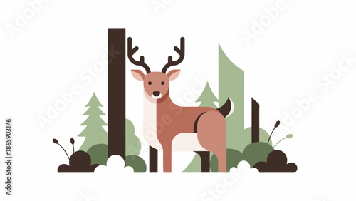 A stylized deer stands in a minimalist forest with trees and foliage