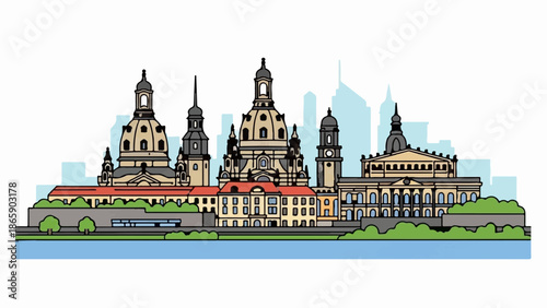 A stylized cityscape depicts grand historical buildings with domes and towers on a riverbank