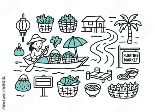 Vibrant Floating Market. Floating market. Hand-drawn doodle illustration floating market [rowboat with baskets (accented), vendor wearing hat, fruits in basket