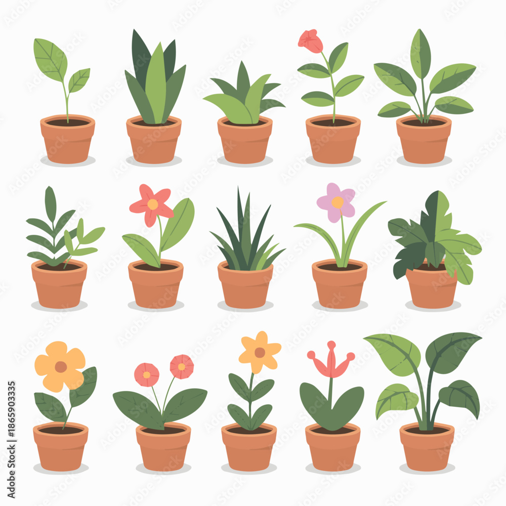 Obraz premium Collection of potted plants vector illustration for home decor and garden design elements, flat design, 100 characters