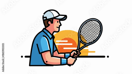 A stylized illustration depicts a tennis player holding a racket against a sunset backdrop