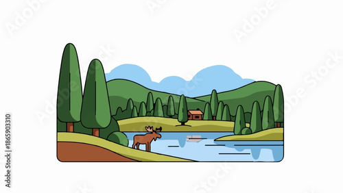 A stylized, flat illustration of a serene lakeside landscape with a moose and a cabin