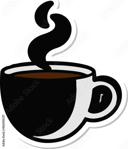 A stylized illustration of a hot cup of coffee, with dark liquid and rising steam