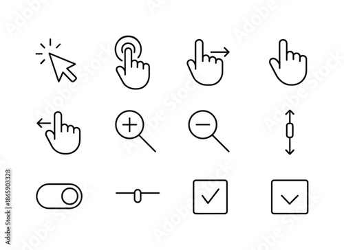 User Interface Icons. User interface interactions. Line icon set of User interface interactions: click cursor, tap gesture, drag gesture, swipe left, swipe