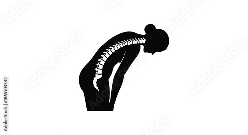 A striking black image displays a person bending forward with a detailed spinal column silhouette