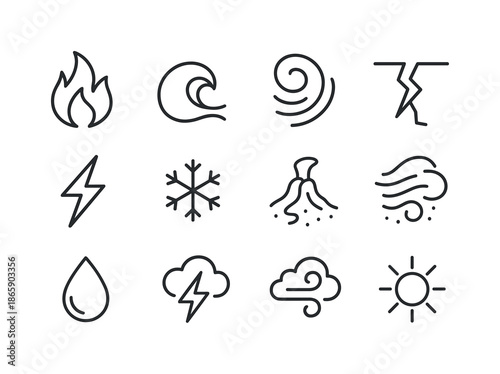 Elemental Icon Set. Elemental forces. Line icon set of elemental forces: fire burst, water wave, wind swirl, earth crack, thunder bolt, ice crystal, lava flow,