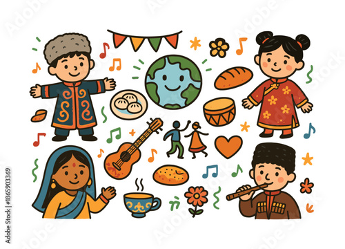 Eurasian Cultural Celebration. Eurasian cultures. Colorful Hand-drawn doodle Children illustration Eurasian cultures children in different traditional clothes,